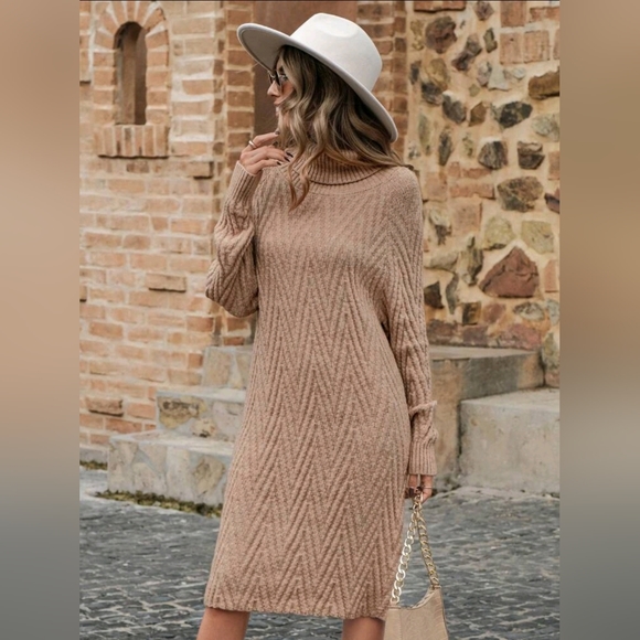 Dresses & Skirts - New Boho Chevron Knit Turtleneck Sweater Dress Camel Tan Beige